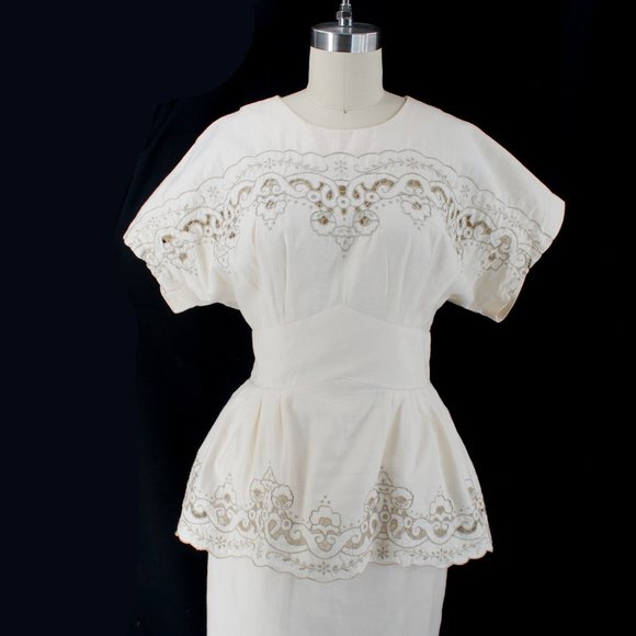 Vintage 80s Dress Ramie Cotton Lace Cutwork Embroidery Peplum Beige Midi 8 - Picture 2 of 15